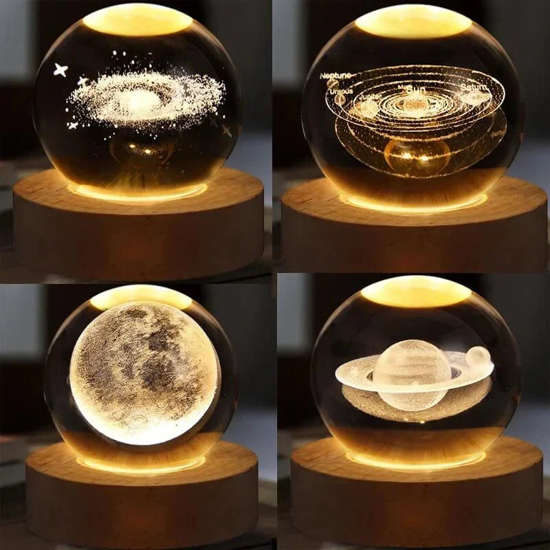3D Crystal Galaxy Night Lamp with Wooden Base (6cm) – Solar System, Moon & Earth Designs