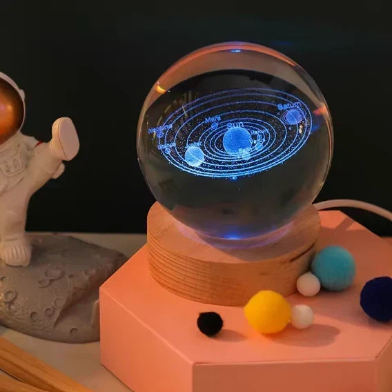 3D Crystal Galaxy Night Lamp with Wooden Base (6cm) – Solar System, Moon & Earth Designs