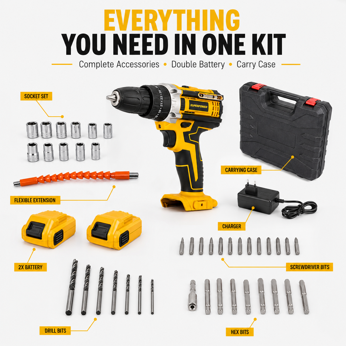 48V Cordless Drill Machine Kit 29PCS Complete Set with Double Rechargeable Batteries & Carry Case