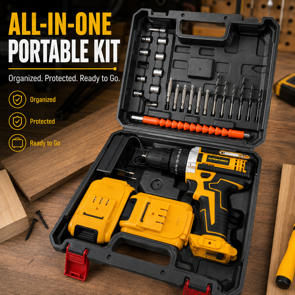 48V Cordless Drill Machine Kit 29PCS Complete Set with Double Rechargeable Batteries & Carry Case