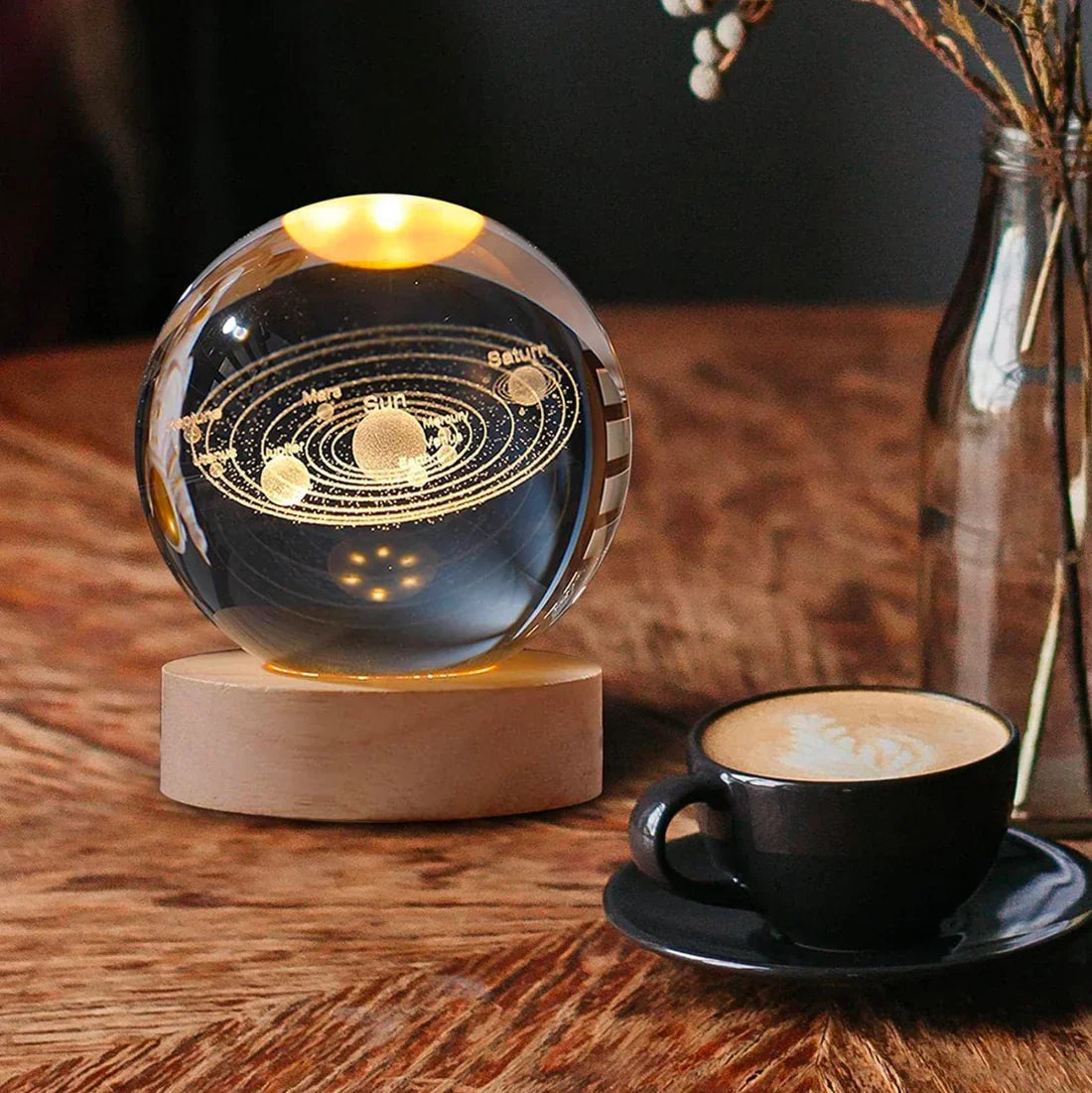 3D Crystal Galaxy Night Lamp with Wooden Base (6cm) – Solar System, Moon & Earth Designs