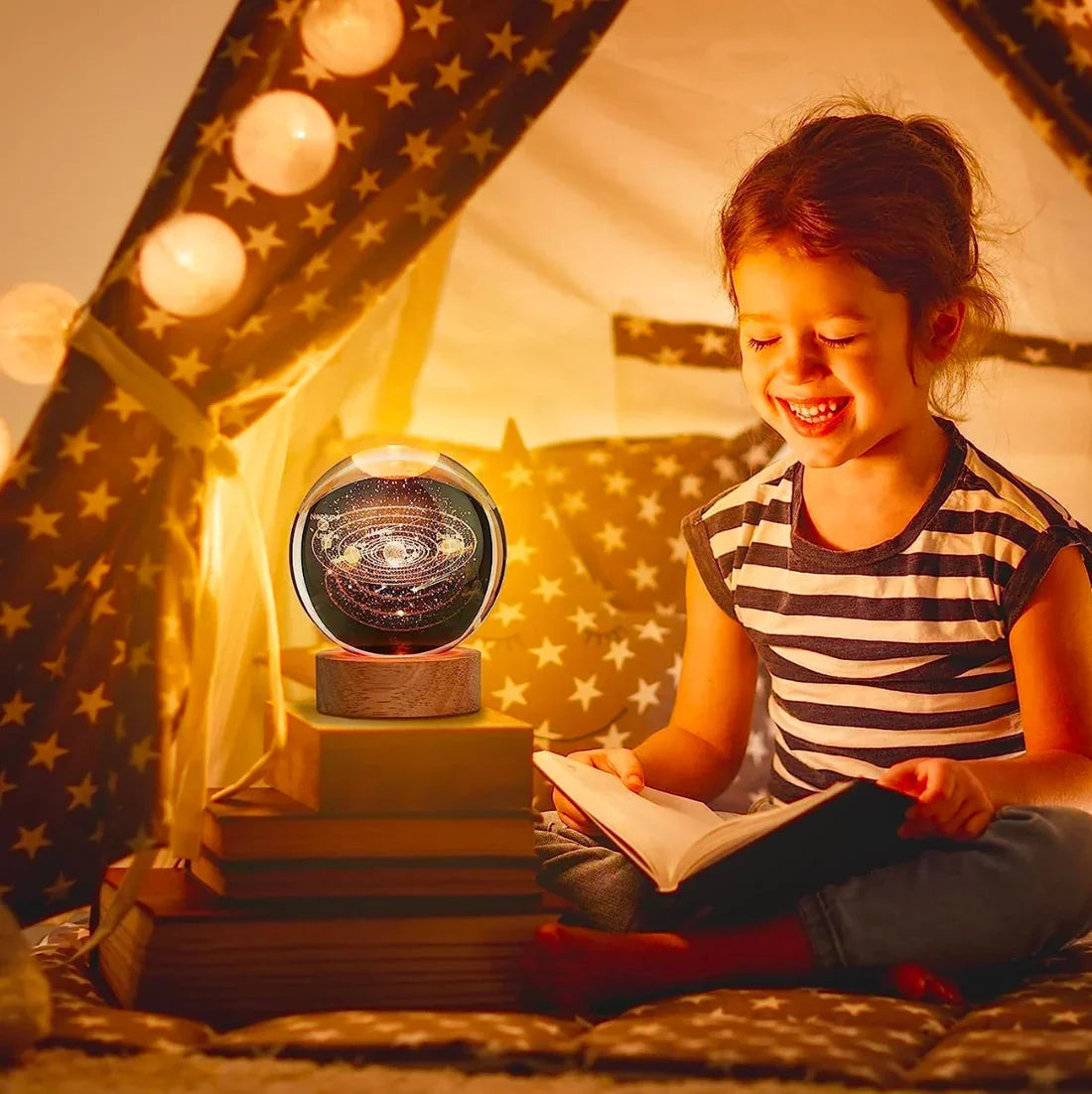3D Crystal Galaxy Night Lamp with Wooden Base (6cm) – Solar System, Moon & Earth Designs
