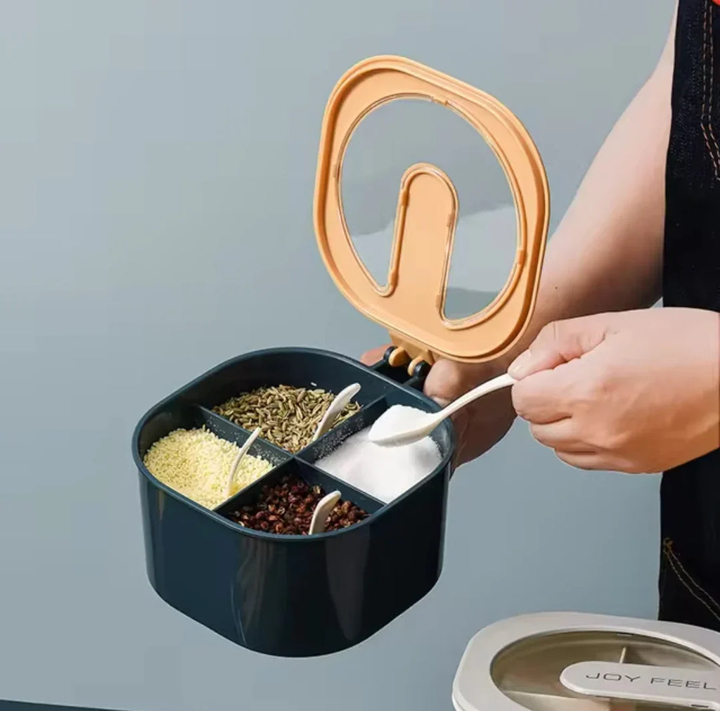 4 in 1 Spice Storage Box with 4 Spoons and Clear Lid Cover