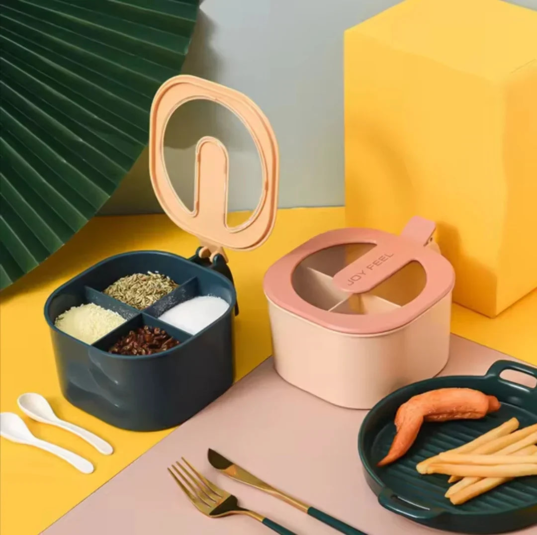 4 in 1 Spice Storage Box with 4 Spoons and Clear Lid Cover